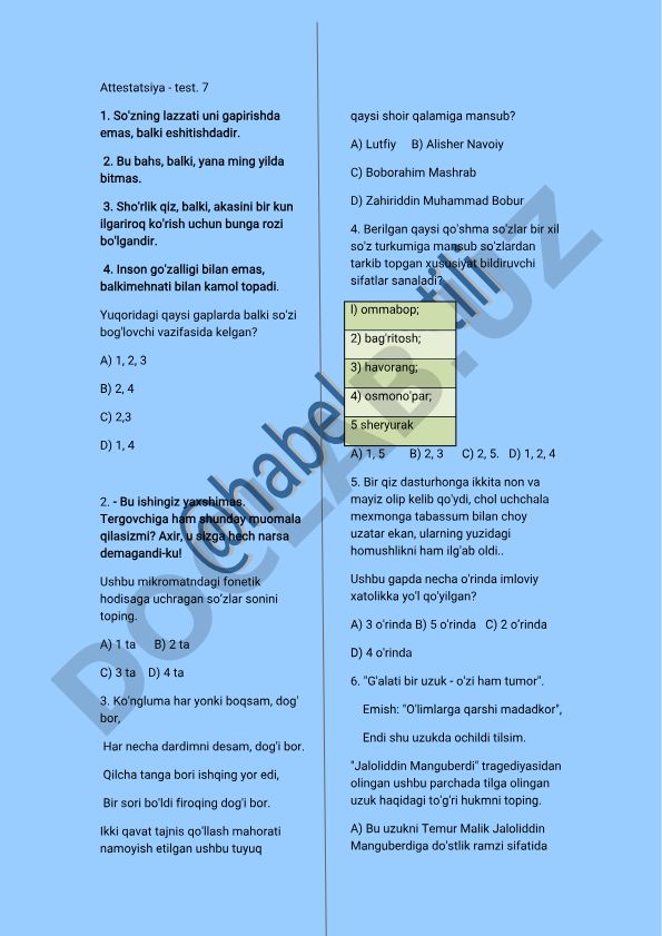 O'zbek tili attestatsiya test savollari