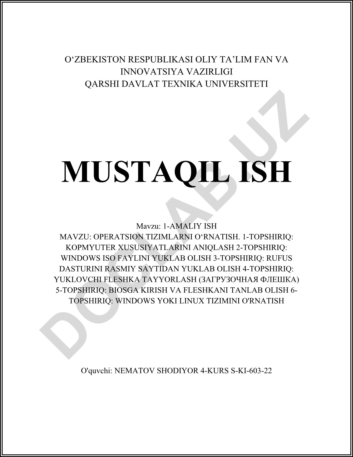 Operatsion tizimlarni o'rnatish amaliy ishi