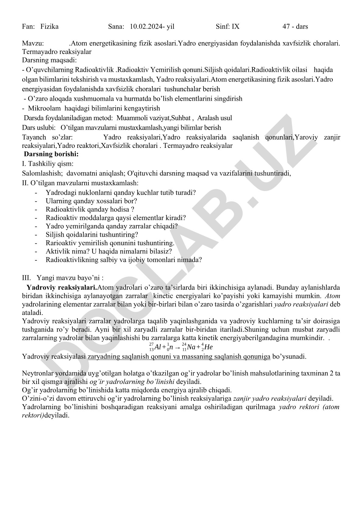 Atom energetikasining fizik asoslari va yadro energiyasidan foydalanishda xavfsizlik choralari