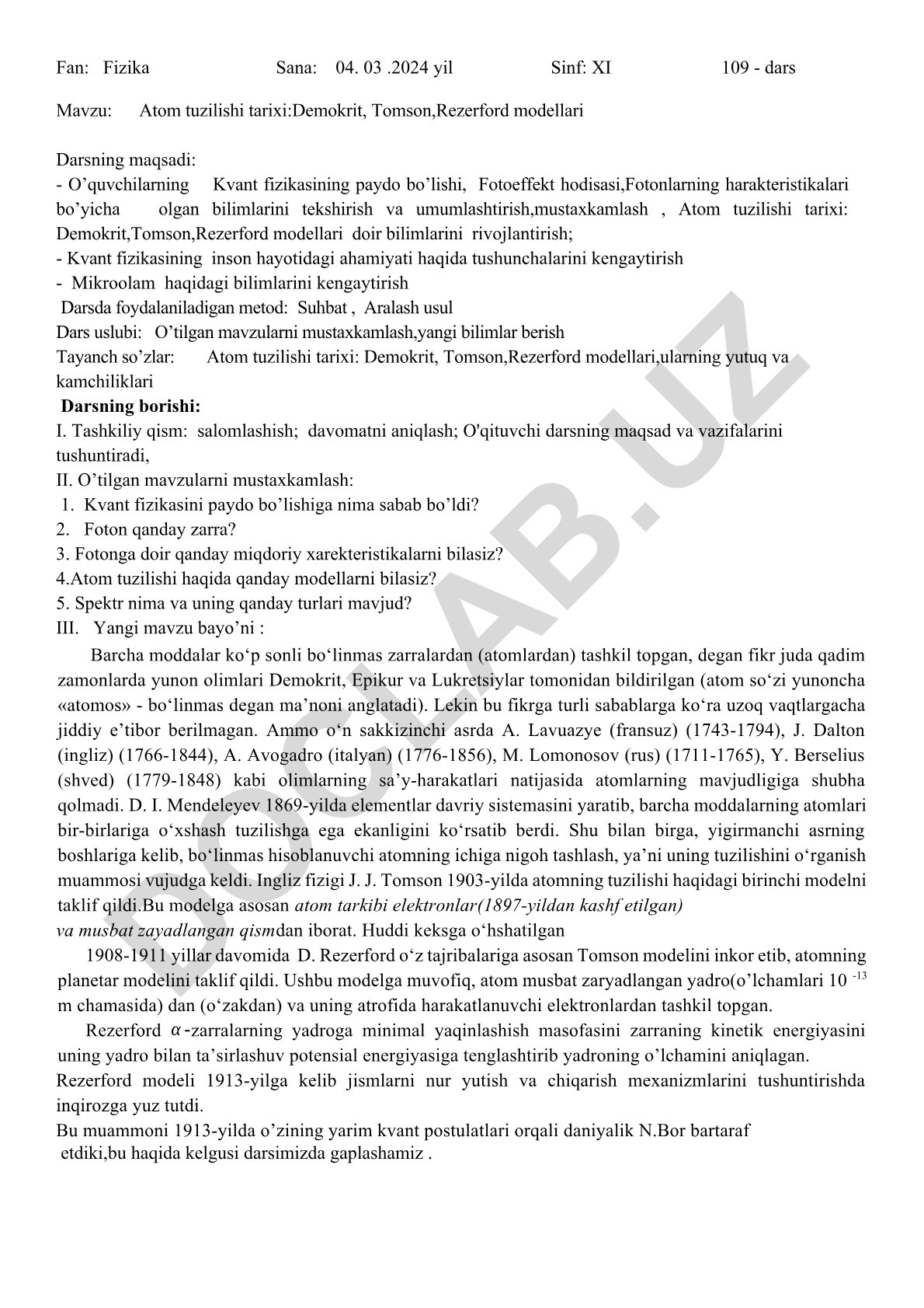 Atom tuzilishi tarixi: Demokrit, Tomson, Rezerford modellari