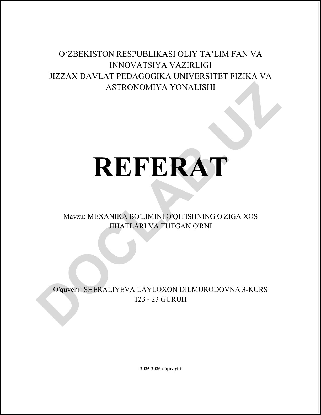 Mexanika bo'limini o'qitishning o'ziga xos jihatlari va tutgan o'rn