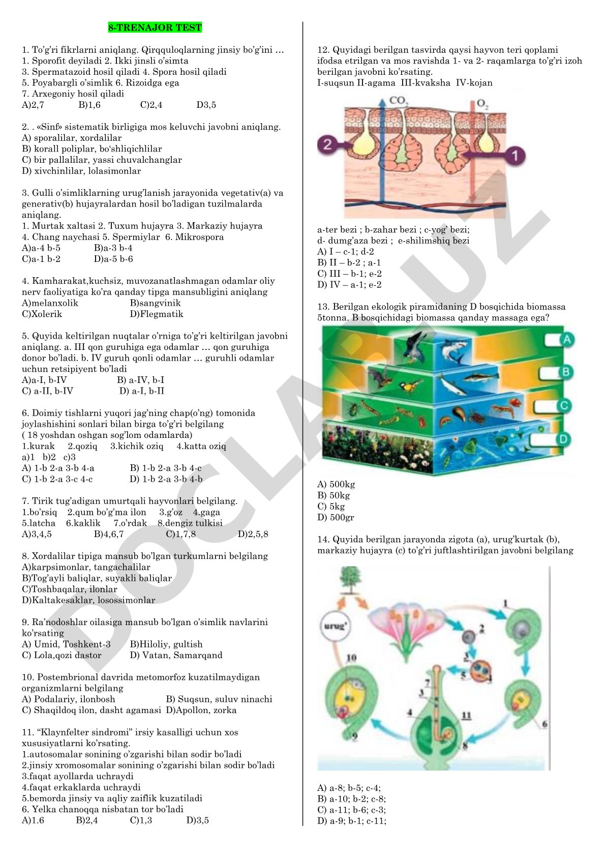 Biologiyadan test savollari