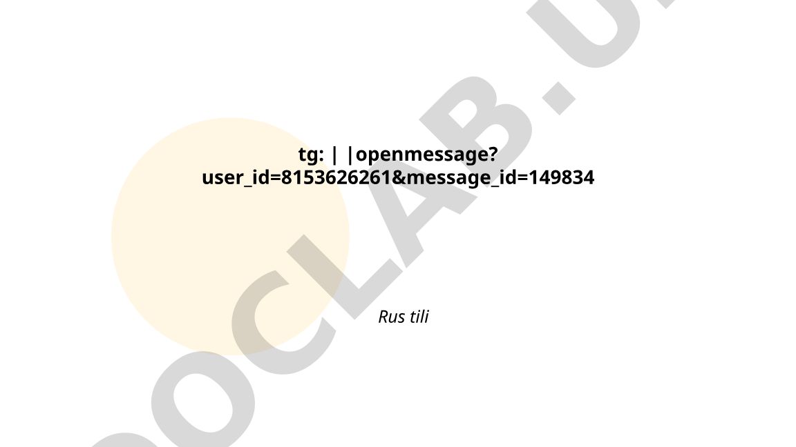 Telegram tg://openmessage deep link format va parametrlari