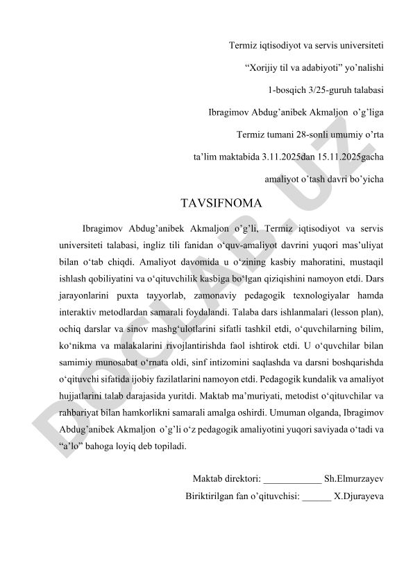Talaba amaliyoti davri bo'yicha tavsifnoma