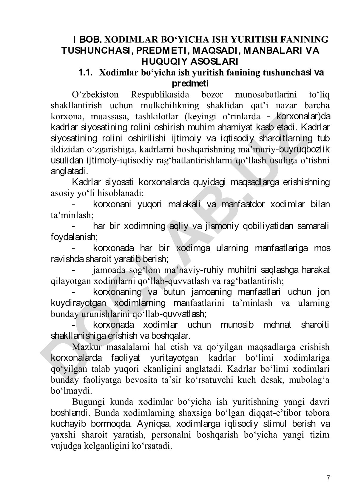 Xodimlar bo'yicha ish yuritish fanining tushunchasi, predmeti, maqsadi, manbalari va huquqiy asoslari