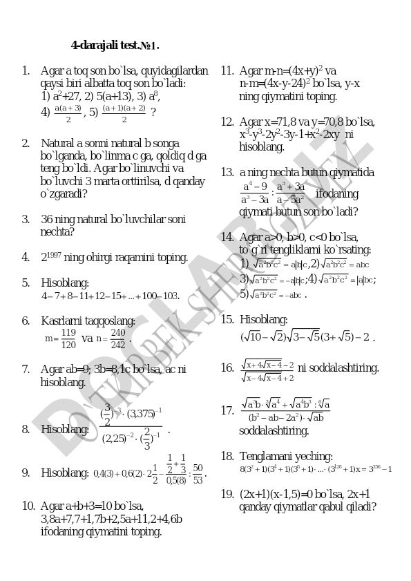 4-darajali matematika test savollari