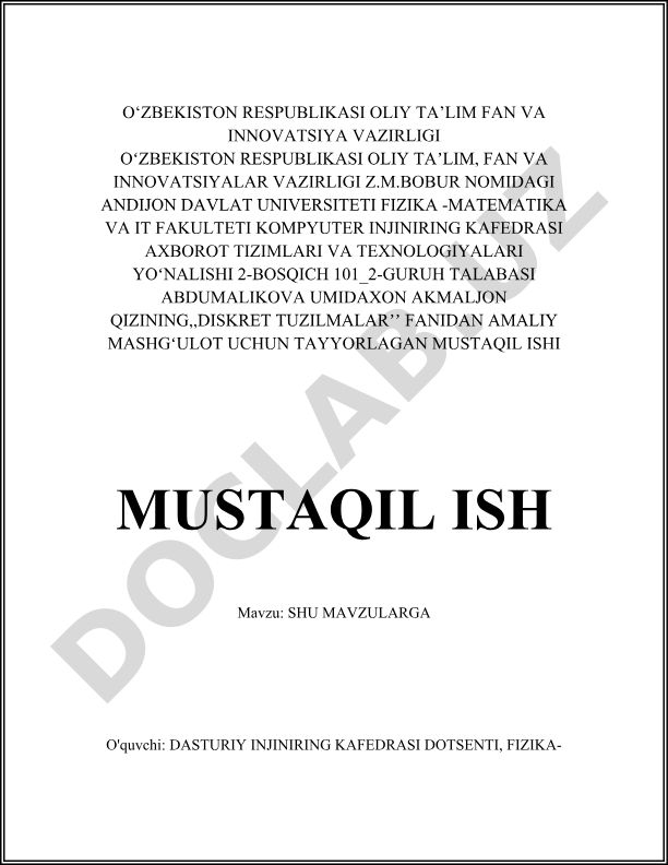Diskret tuzilmalar fanidan amaliy mashg'ulot uchun mustaqil ish