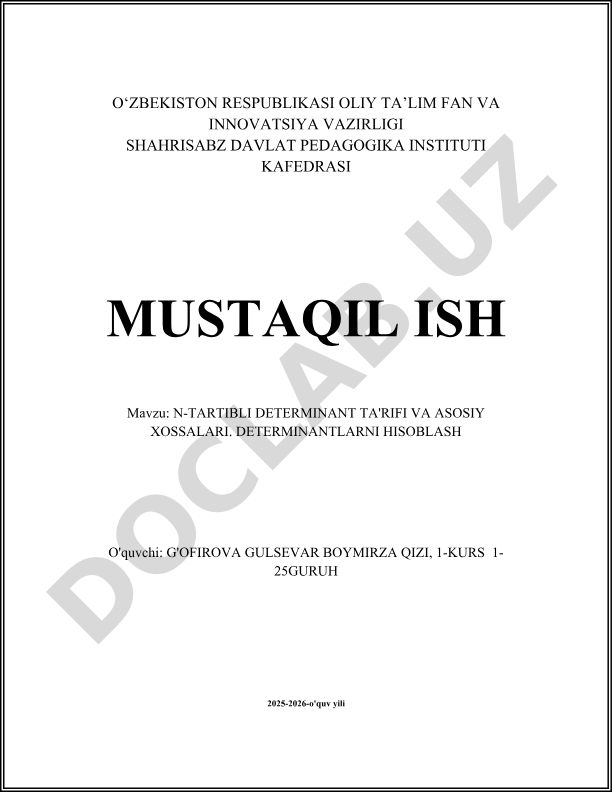 N-tartibli determinant ta'rifi va asosiy xossalari