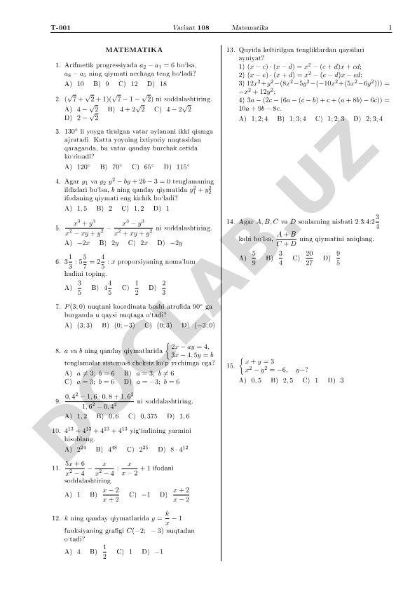Matematika 1 fanidan test savollari to'plami