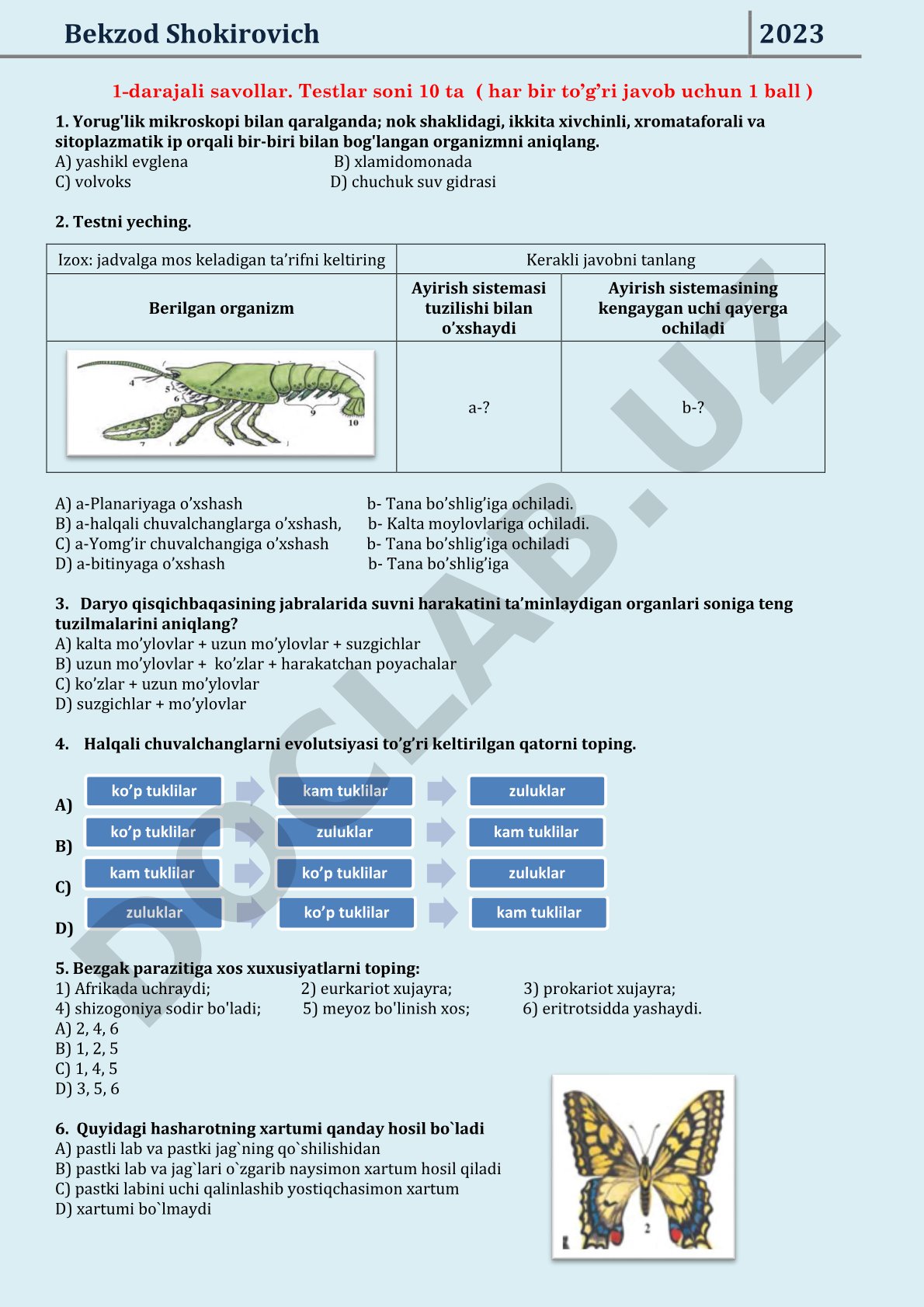 Zoologiya fanidan 1-darajali test savollari