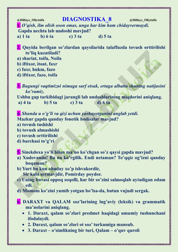 O'zbek tili diagnostik testi savollari