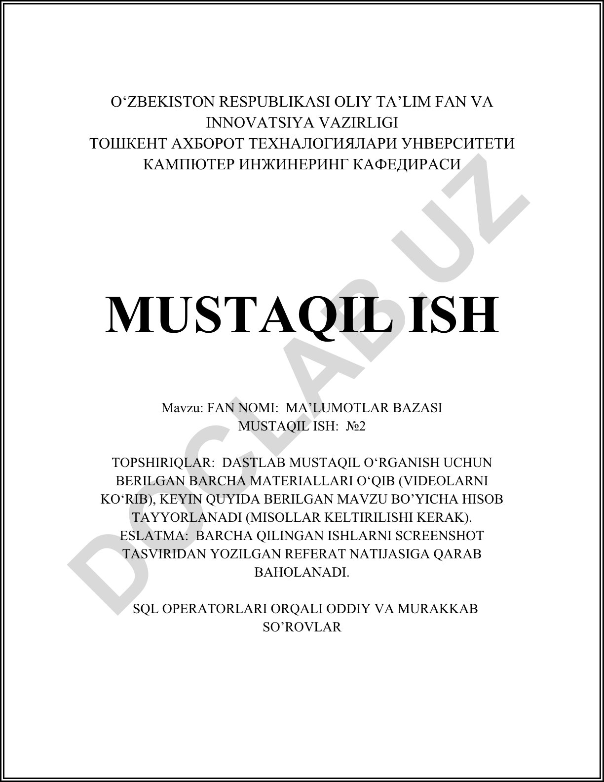 SQL tili va ma'lumotlar bazasi mustaqil ishi