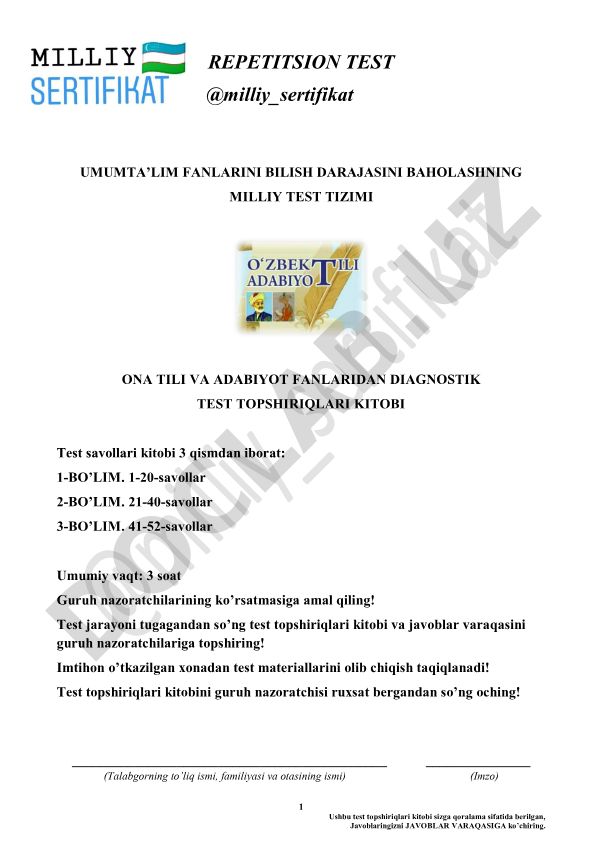 Ona tili va adabiyot fanlaridan diagnostik test topshiriqlari