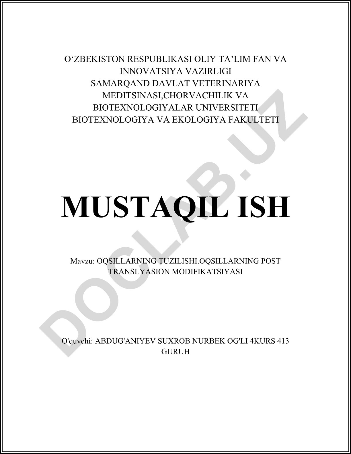 Oqsillarning tuzilishi va post translasyon modifikatsiyasi