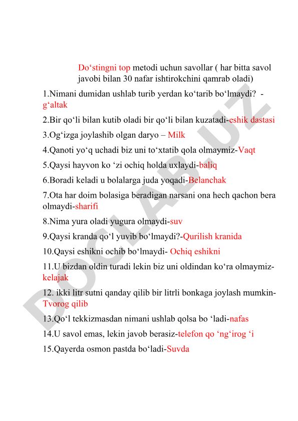Do'stingni top metodi uchun savollar va javoblar