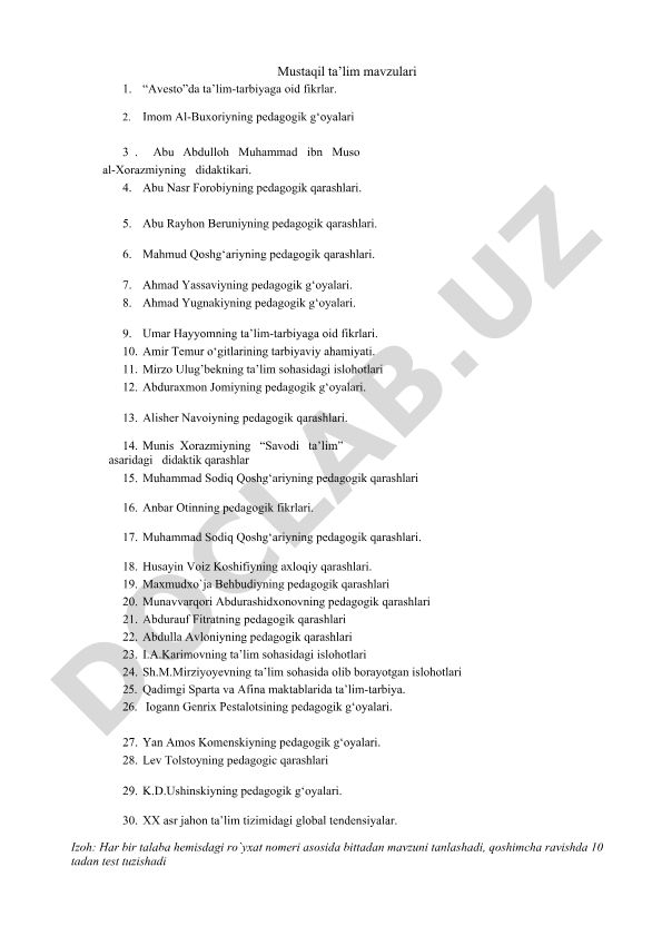 Mustaqil ta’lim mavzulari: tarixiy shaxslarning pedagogik qarashlari