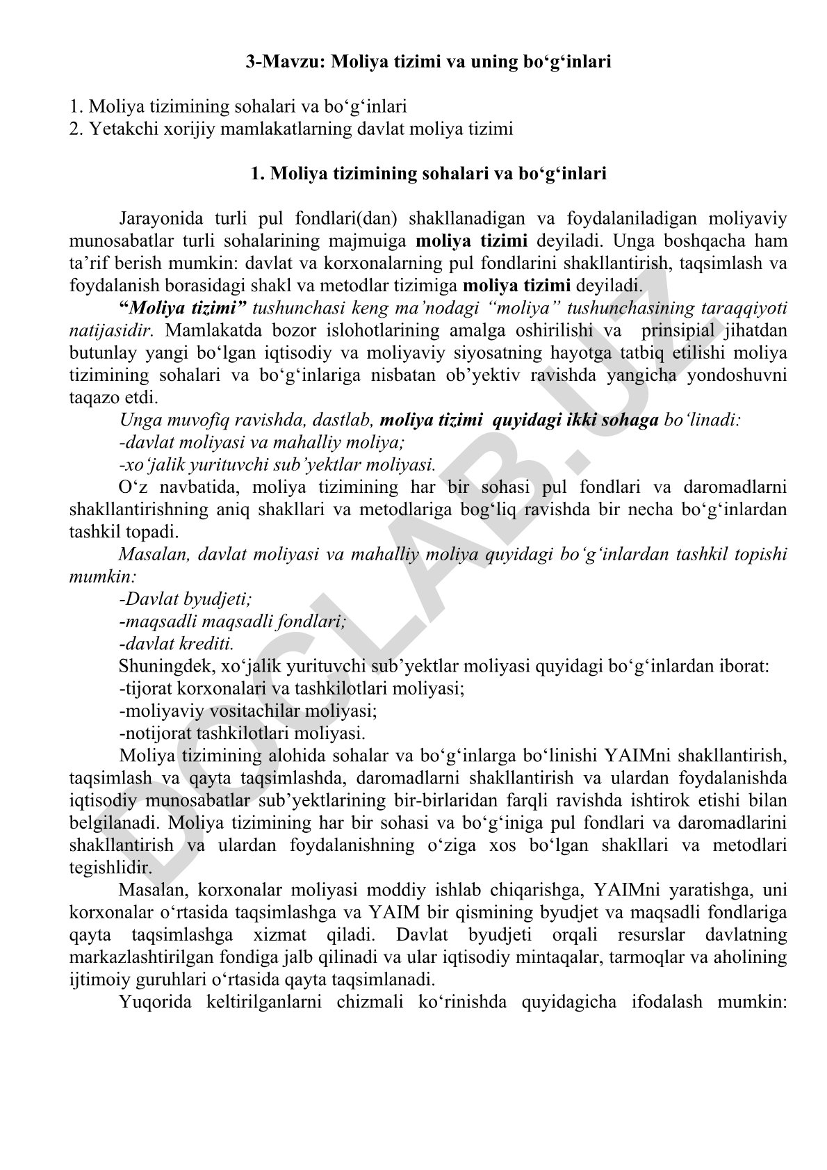 Moliya tizimi va uning bo‘g‘inlari