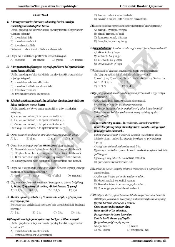 Fonetika bo'limi test topshiriqlari