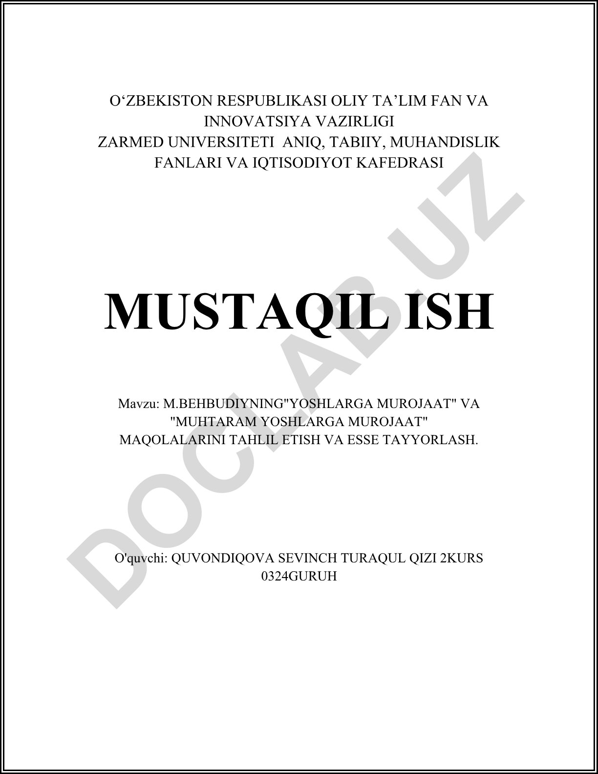 M. Behbudiyning "Yoshlarga murojaat" va "Muhtaram yoshlarga murojaat" maqolalarini tahlil etish