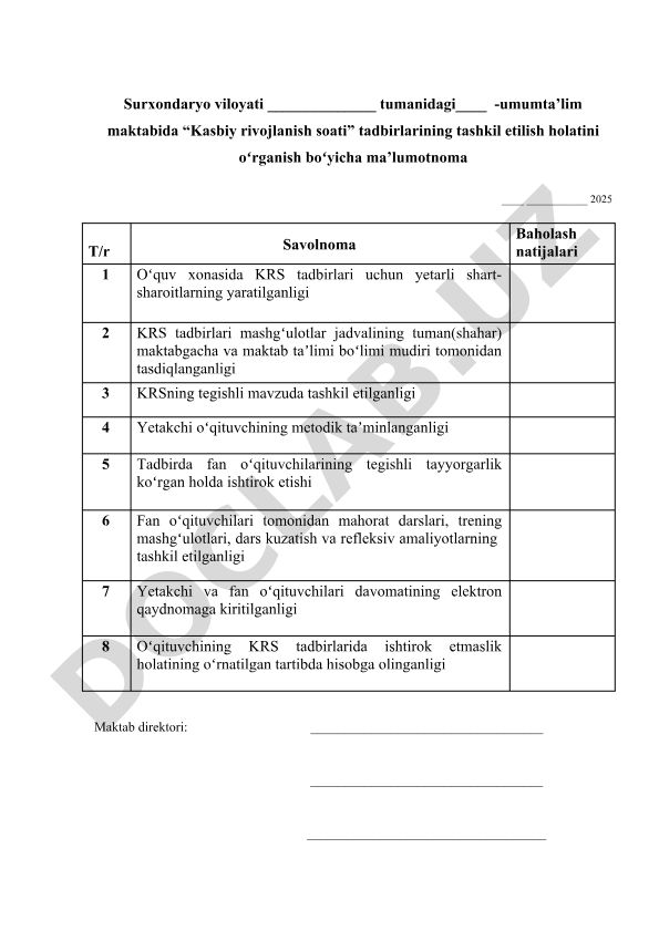 Surxondaryo viloyati maktablarida Kasbiy rivojlanish soati tadbirlari holati