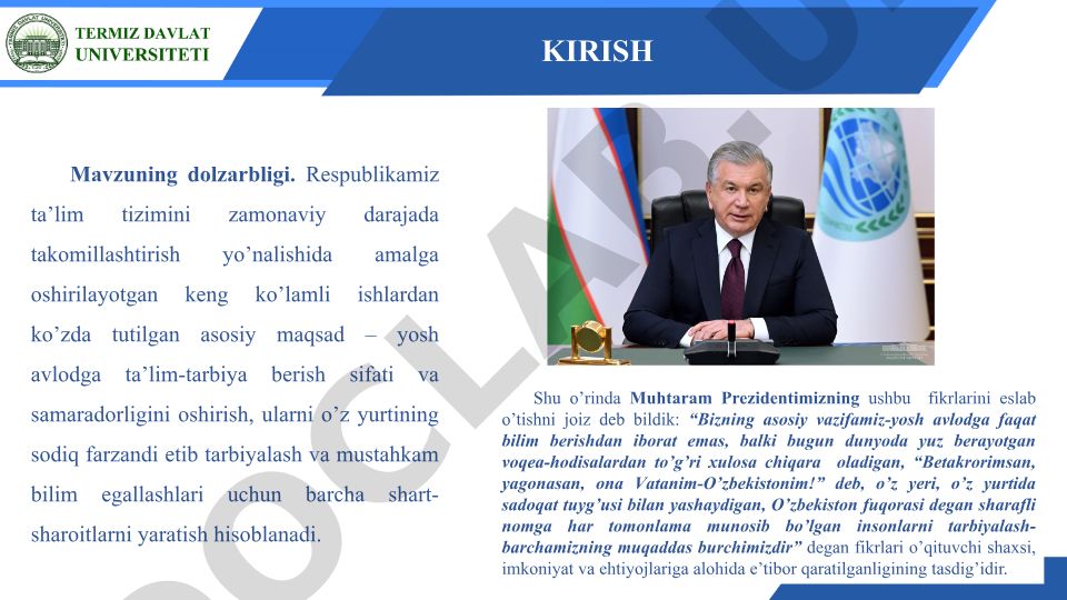 O'zbekiston ta'lim tizimini takomillashtirish va yosh avlodni tarbiyalash