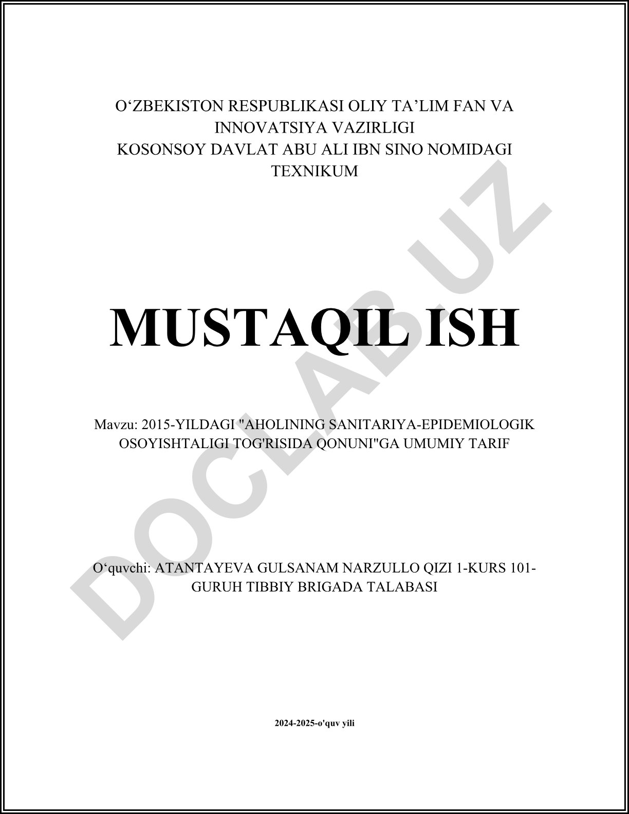 2015-yildagi "Aholining sanitariya-epidemiologik osoyishtaligi to'g'risida qonuni"ga umumiy tarif