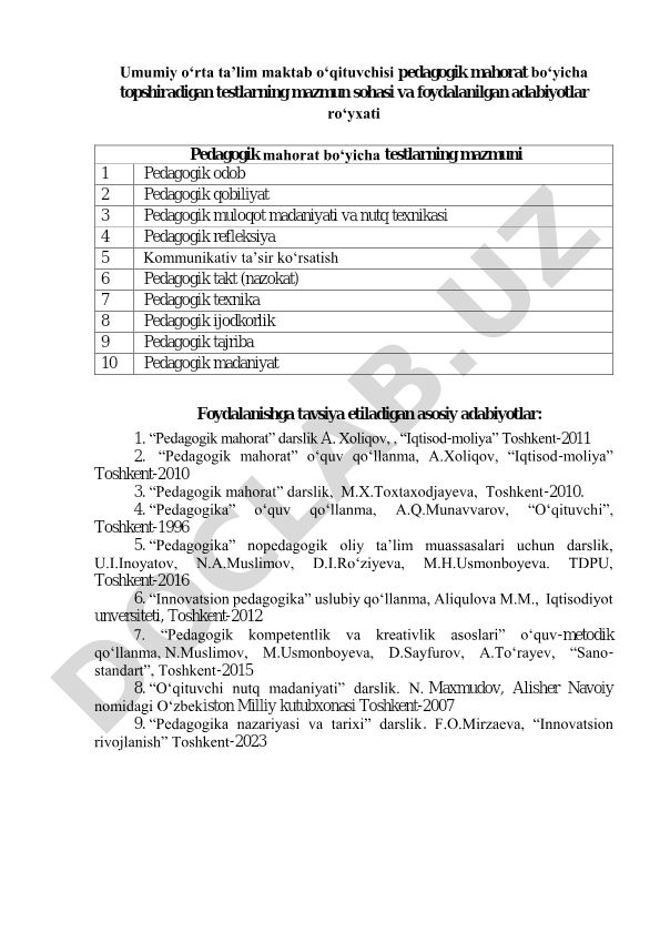 Pedagogik mahorat bo'yicha testlar mazmuni va adabiyotlar