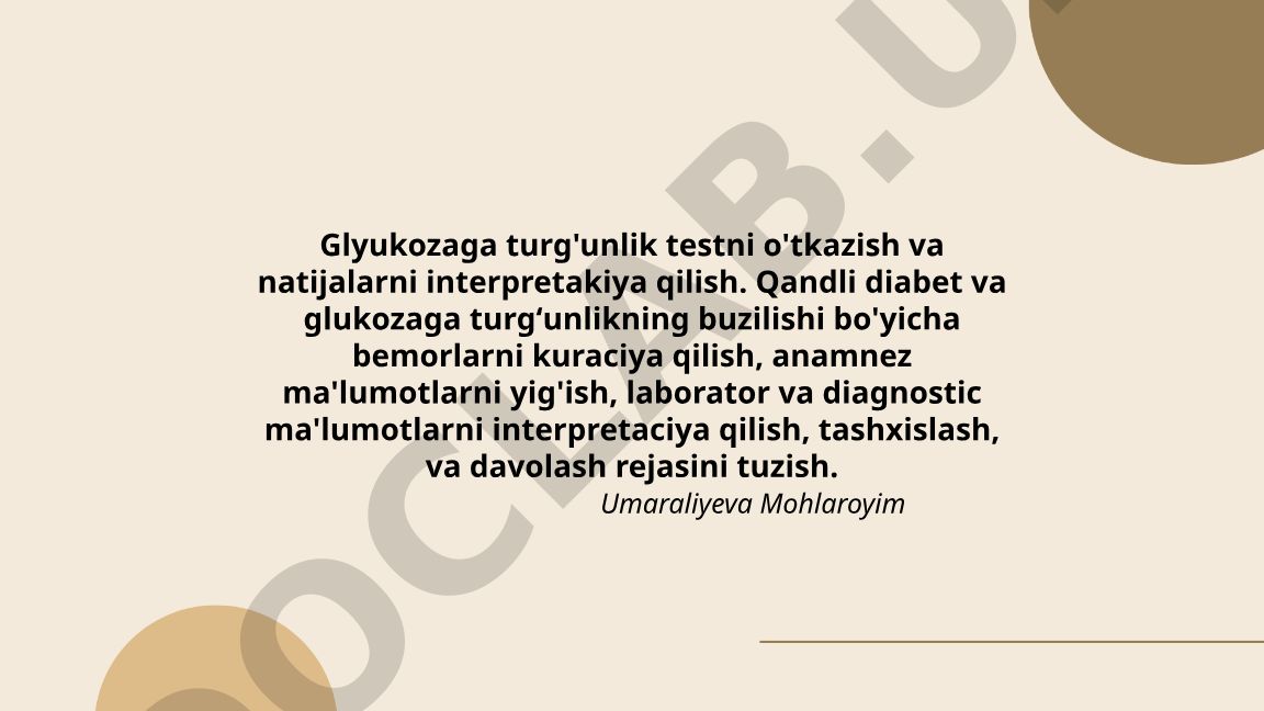 Glyukozaga turg'unlik testi va qandli diabetni kuraciya qilish