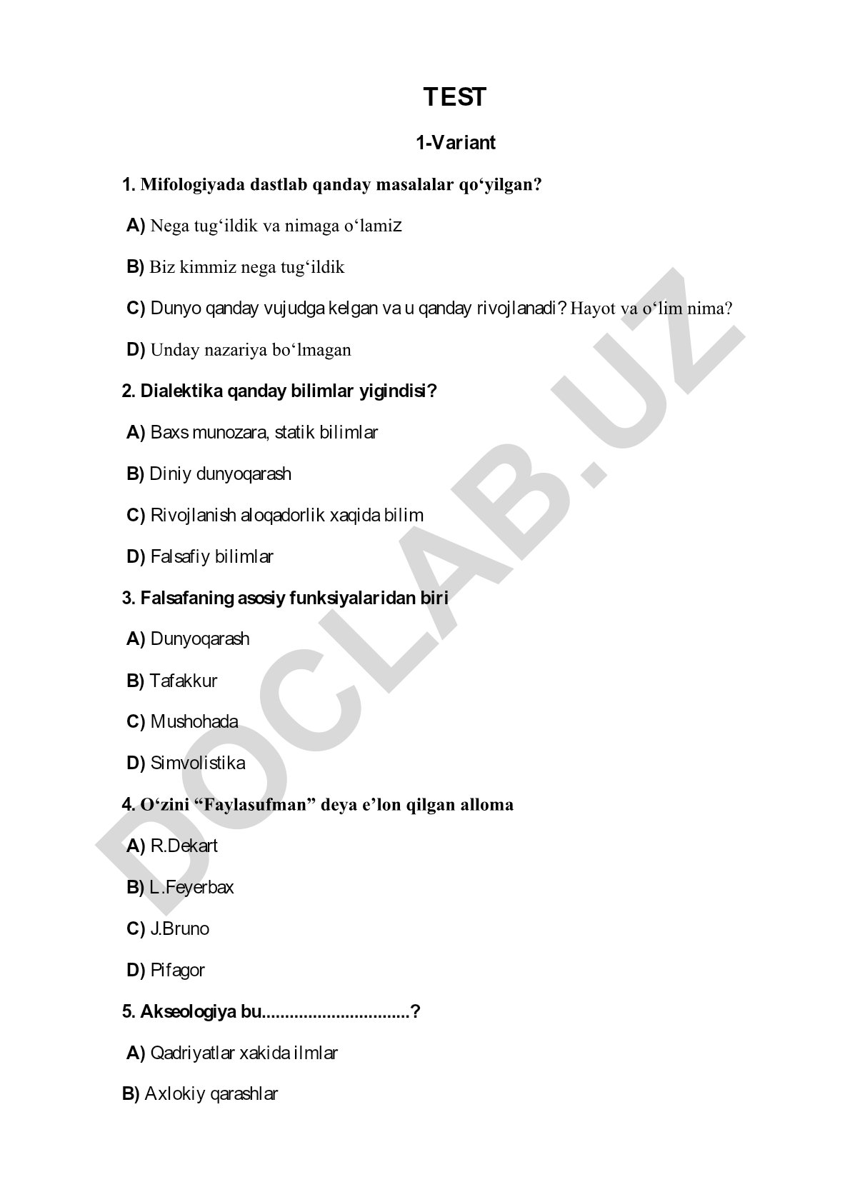 Falsafa fanidan test savollari