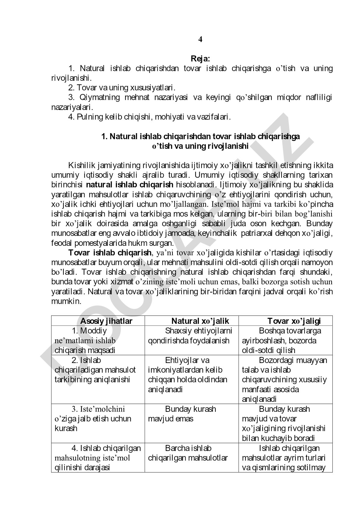 Natural va tovar ishlab chiqarish, tovar xususiyatlari, qiymat va pul nazariyalari