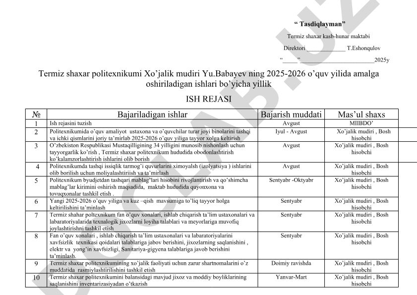 Termiz shaxar politexnikumi xo'jalik mudirining 2025-2026 o'quv yili ish rejasi