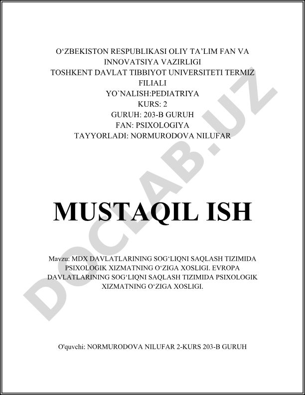 MDX va Evropa davlatlarida sog'liqni saqlash tizimida psixologik xizmatning o'ziga xosligi