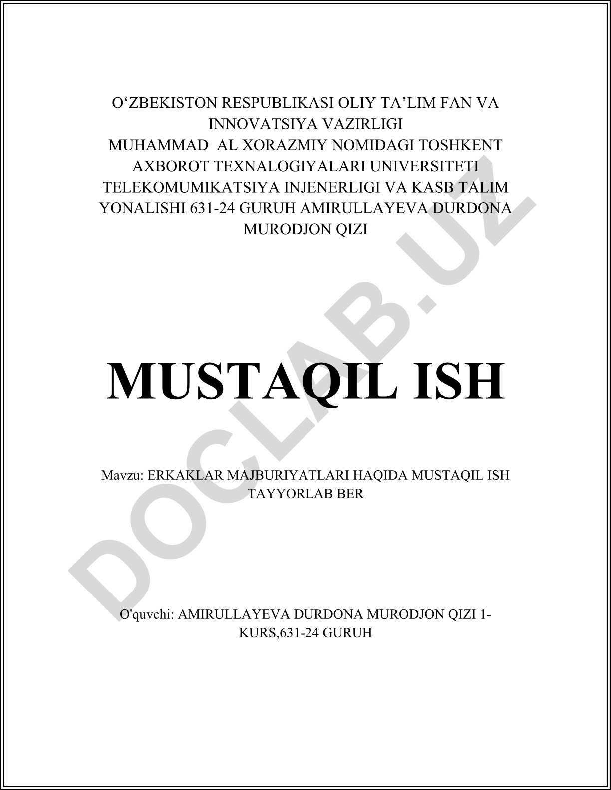 Erkaklar majburiyatlari haqida mustaqil ish