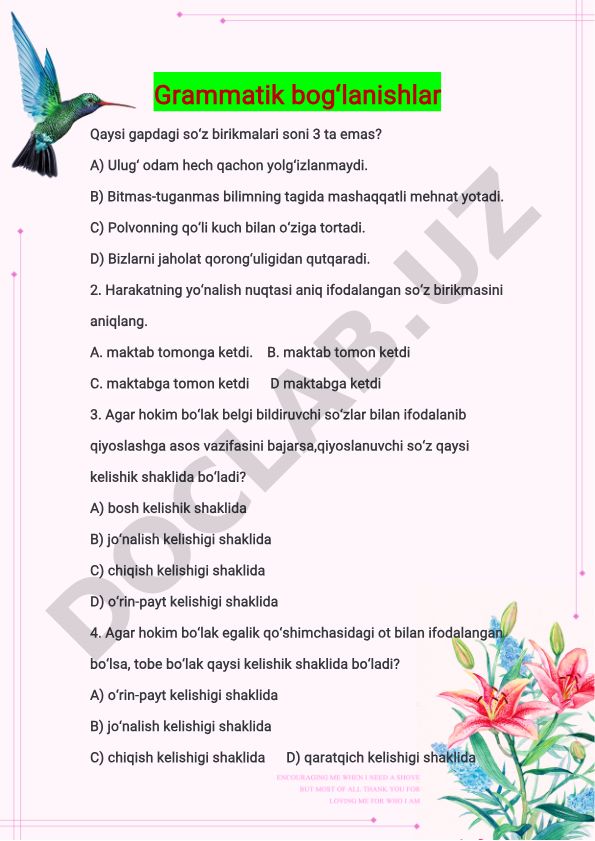 O'zbek tili grammatikasi test savollari