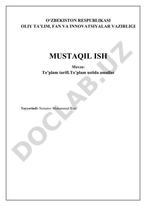 To'plam tarifi va to'plamlar ustida amallar
