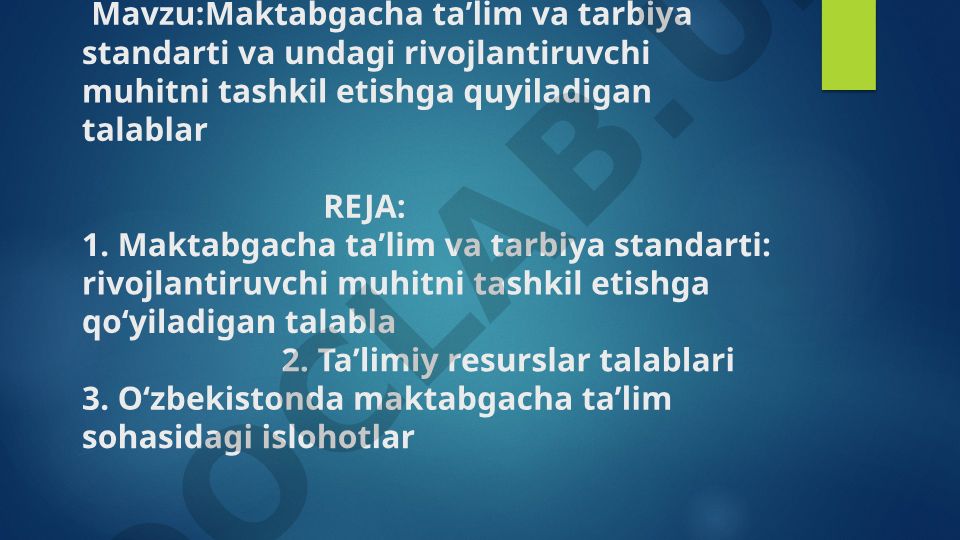 Maktabgacha taʼlim va tarbiya standarti va undagi rivojlantiruvchi muhitni tashkil etishga quyiladigan talablar