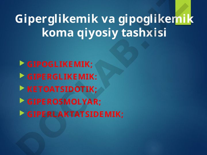 Giperglikemik va gipoglikemik koma qiyosiy tashxisi