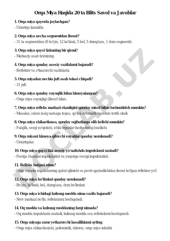 Orqa miya haqida 20 ta blits savol va javoblar