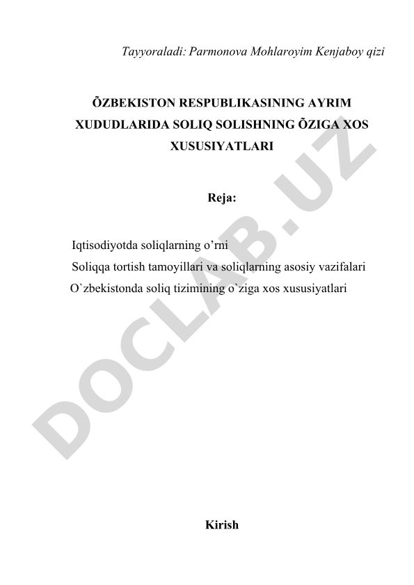 O'zbekistonning ayrim hududlarida soliq solishning o'ziga xos xususiyatlari
