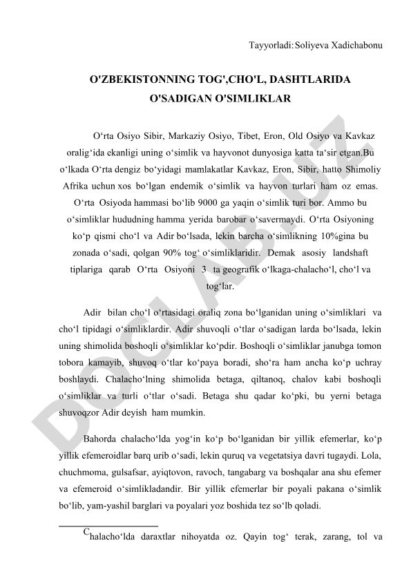 O'zbekistonning tog', cho'l, dashtlarida o'sadigan o'simliklar