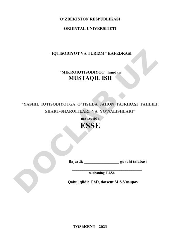 Yashil iqtisodiyotga o'tishda jahon tajribasi tahlili: shart-sharoitlari va yo'nalishlari