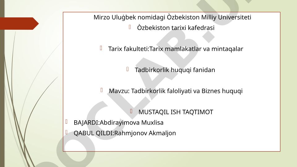 Tadbirkorlik faoliyati va Biznes huquqi