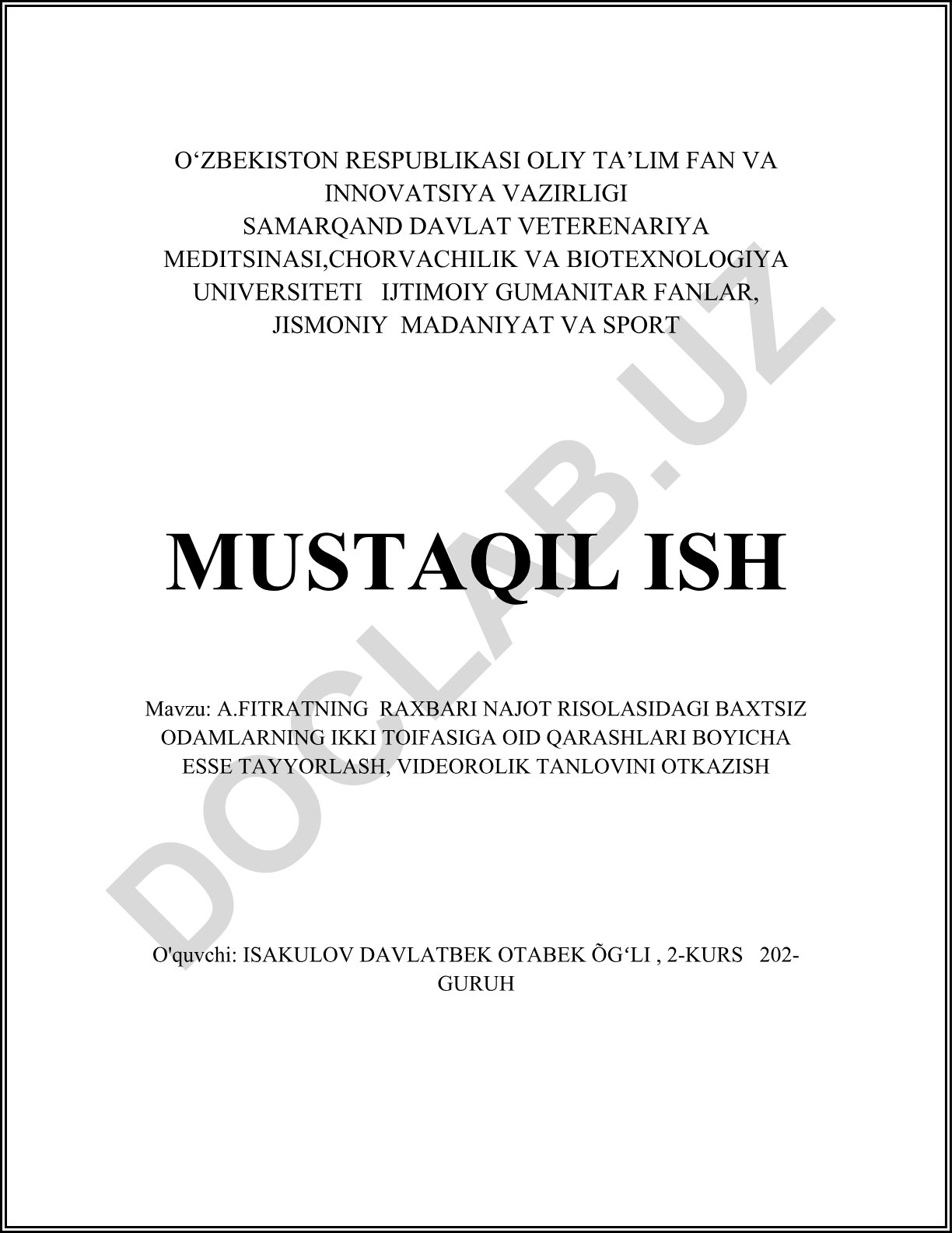 A.Fitratning Raxbari Najot risolasida baxtsiz odamlarning ikki toifasiga oid qarashlar
