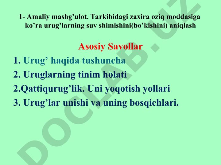 Urug'larning suv shimishi va tinim holatini aniqlash