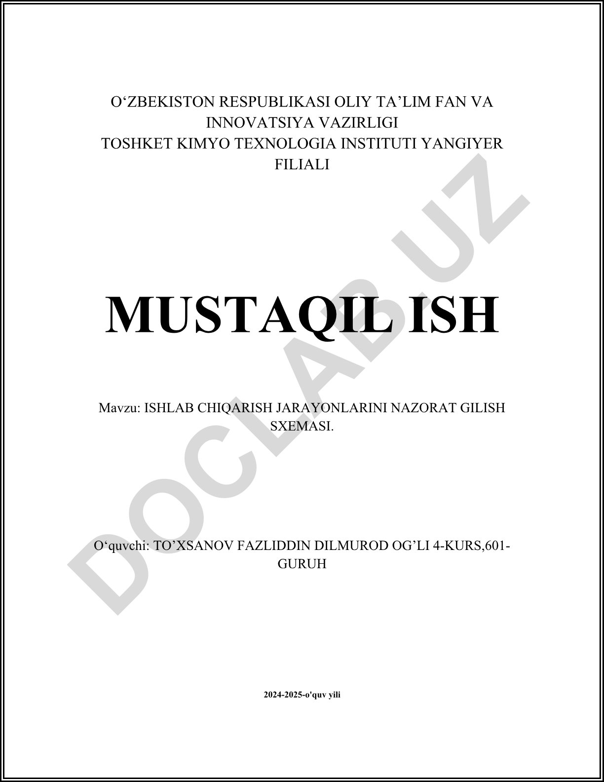Ishlab chiqarish jarayonlarini nazorat qilish sxemasi