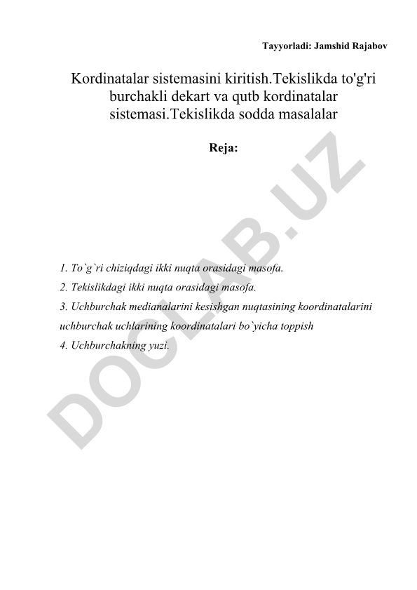 To'g'ri chiziq va tekislikda koordinatalar sistemasi va masofalar