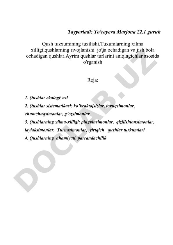 Qush tuzxumining tuzilishi va qushlarning xilma-xilligi