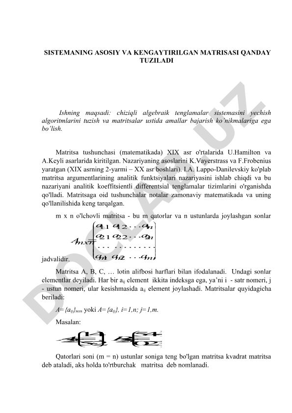 Matritsalar tuzilishi va algebraik tenglamalar sistemalarini yechish