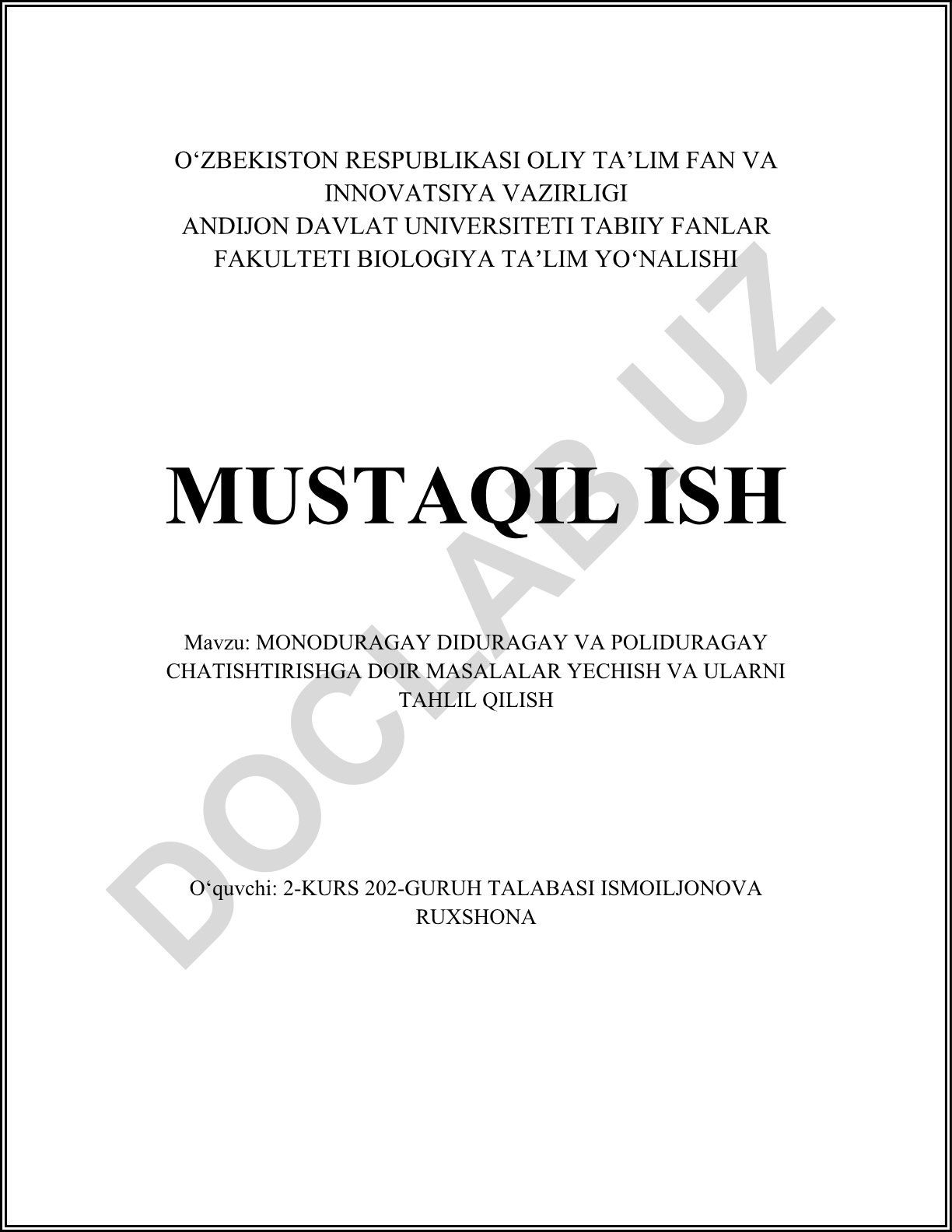 Monoduragay diduragay va poliduragay chatishtirishga doir masalalar yechish va ularni tahlil qilish