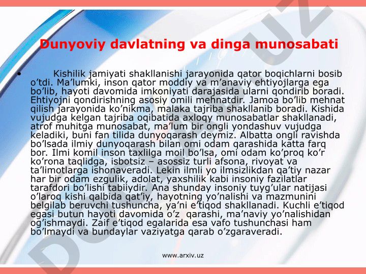 Dunyoviy davlat va dinga munosabat